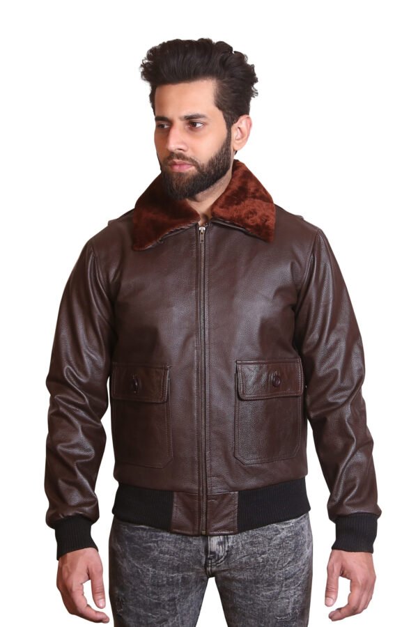 Men's Brown Leather Jacket with Velvet Collar