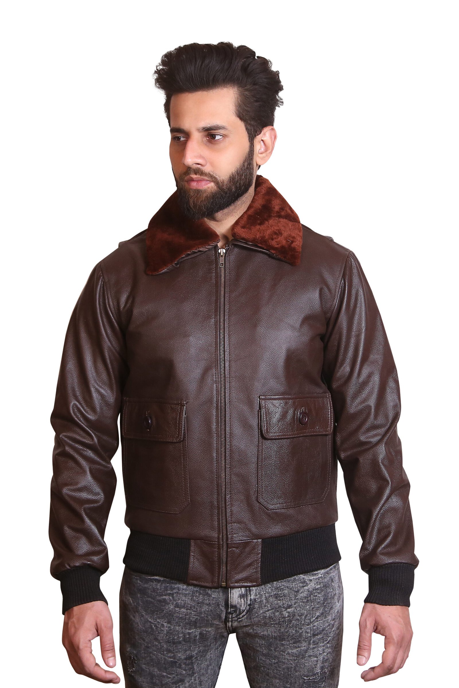 Man wearing a hand-finished genuine leather coat with a shearling collar