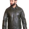 Olive Leather Jacket with Olive Collar & Ribbed Trim