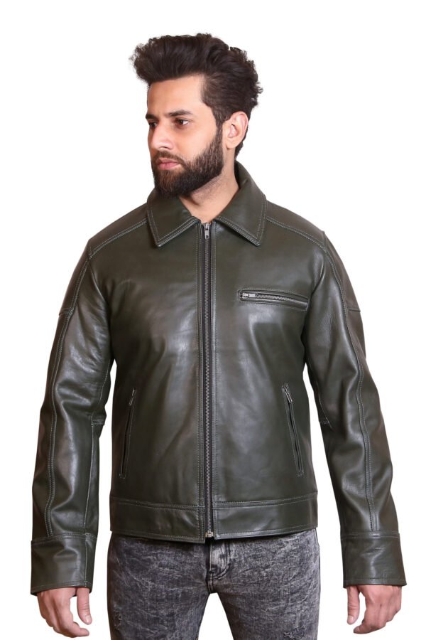 Olive Leather Jacket with Olive Collar & Ribbed Trim