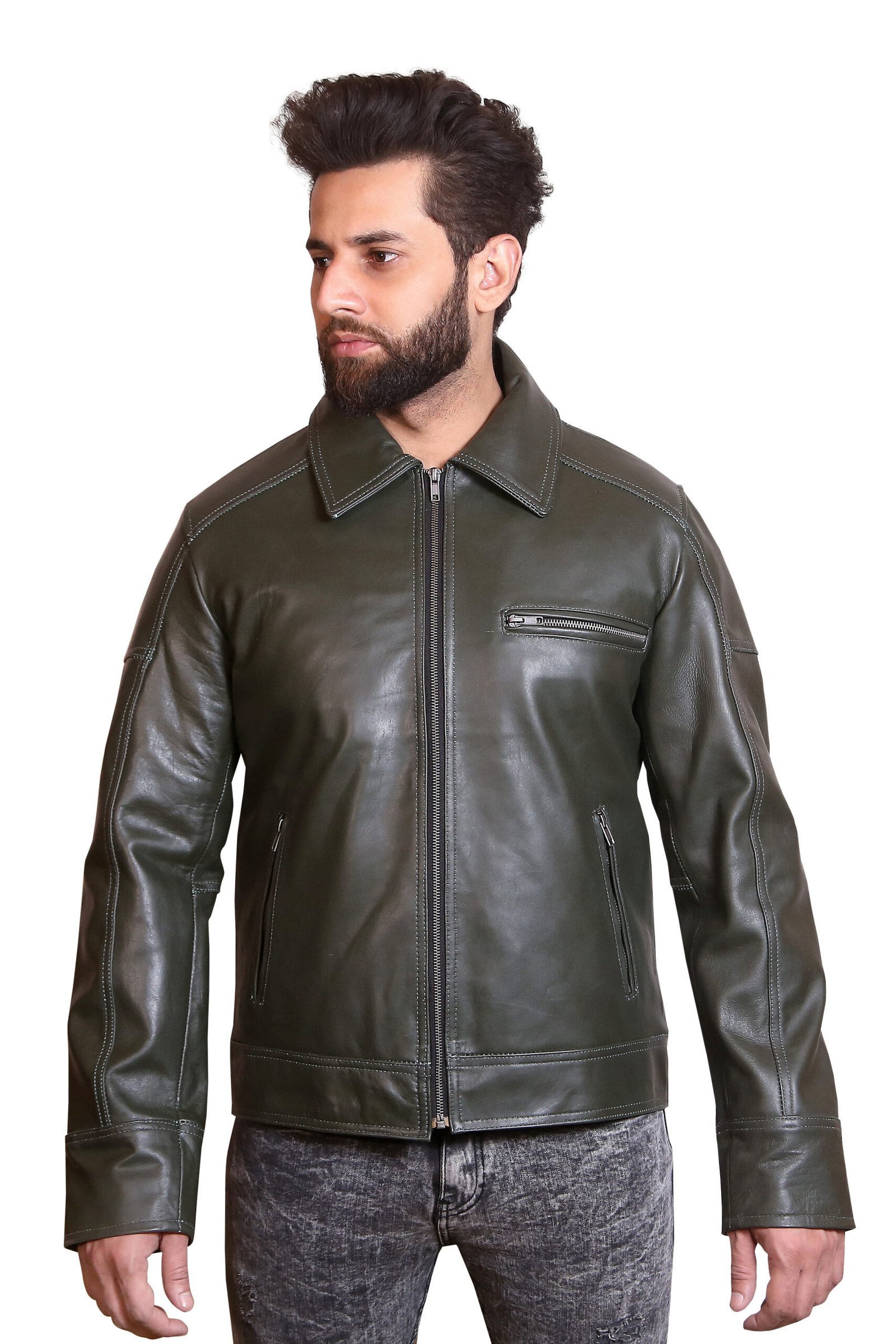 Olive Leather Jacket with Olive Collar & Ribbed Trim
