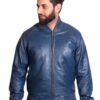 Men's Black Leather Jacket with Blue Collar & Ribbed Trim