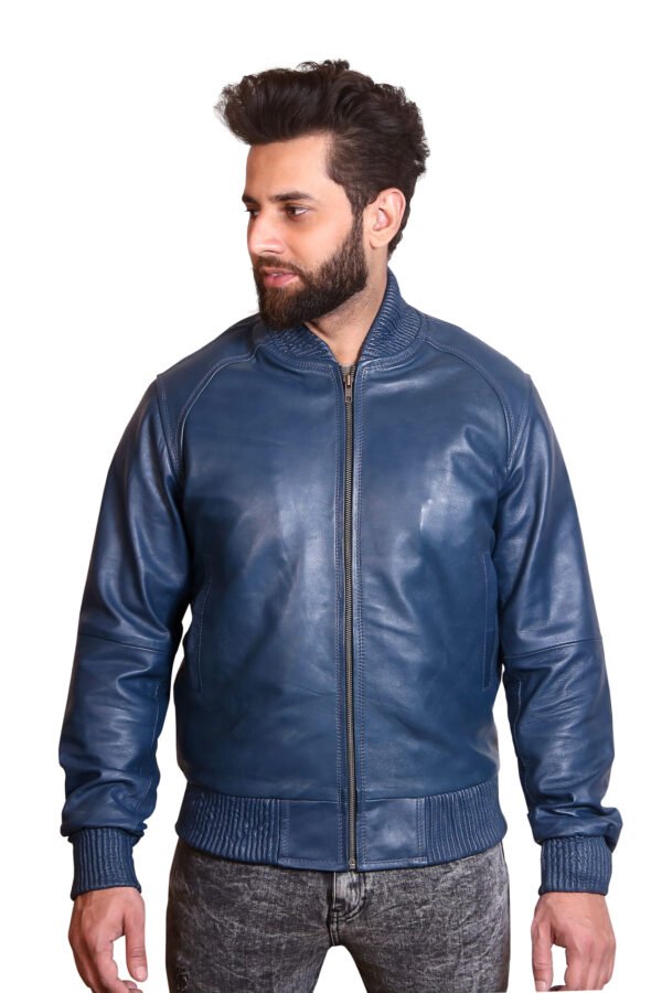 Men's Black Leather Jacket with Blue Collar & Ribbed Trim