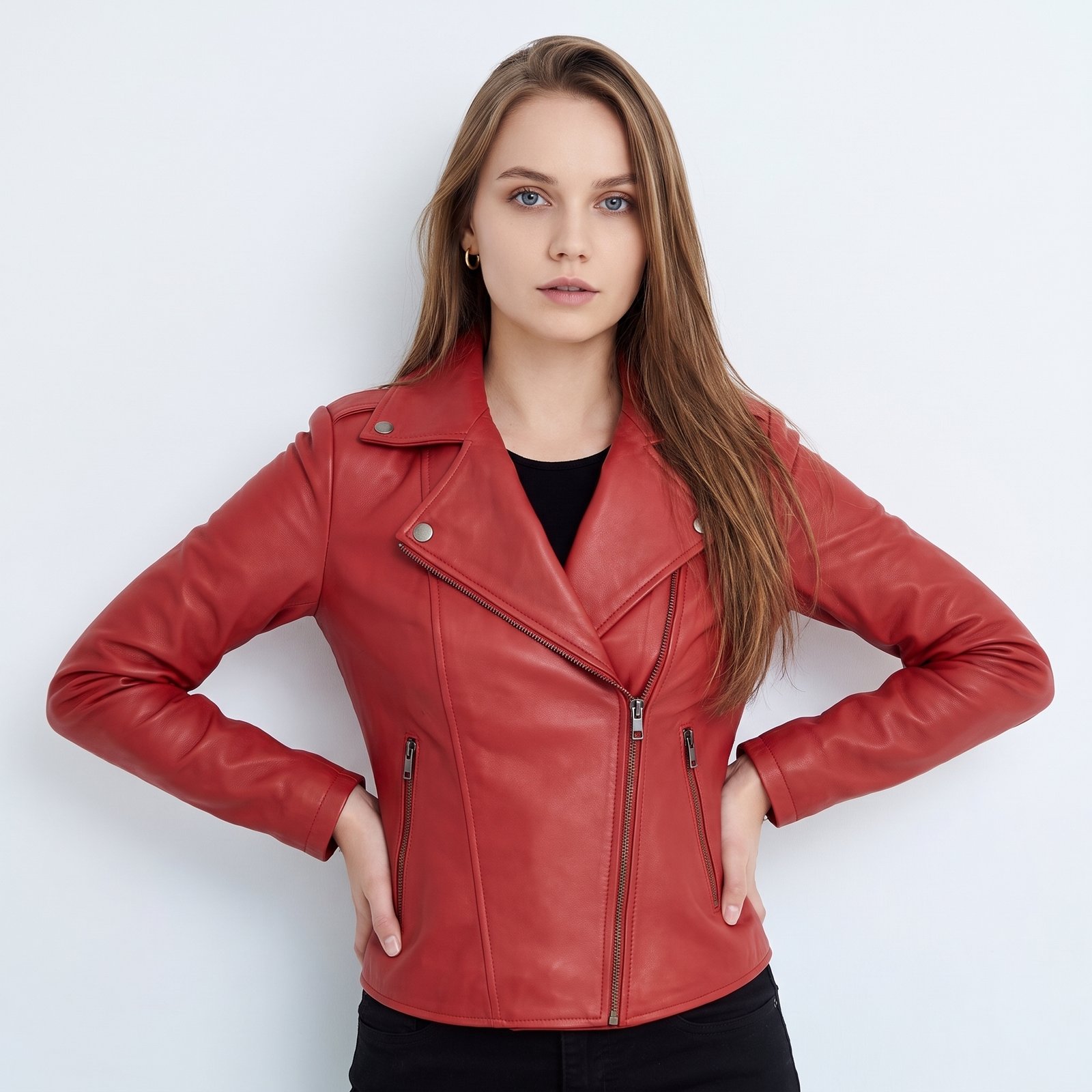 Women Red Leather Biker Jacket