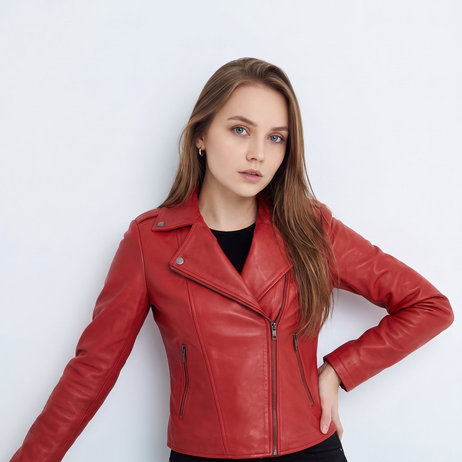 Women Red Leather Biker Jacket
