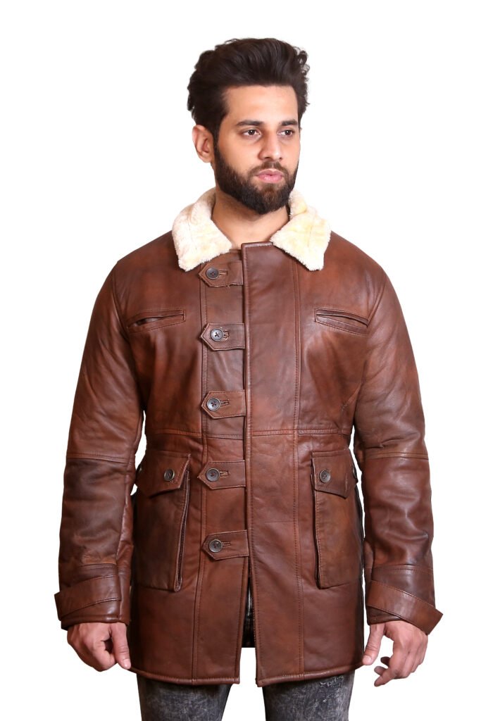 Man wearing a brown leather flight bomber with a fur collar