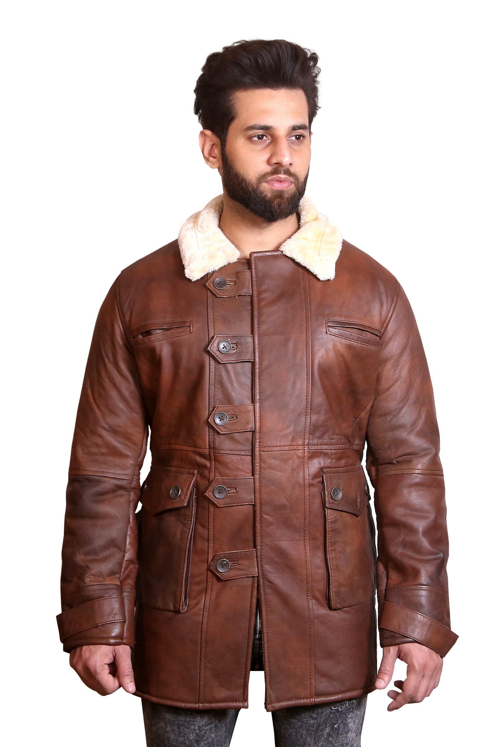 Brown Shearling Duffle Coat with Fur Collar