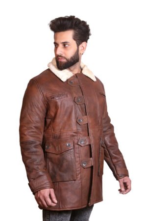 Brown Shearling Duffle Coat with Fur Collar